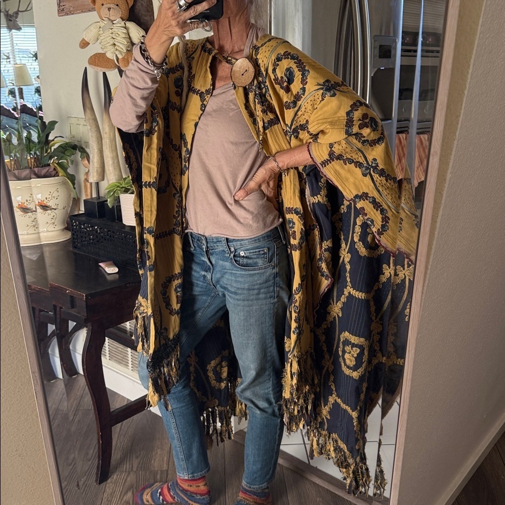 Yellow gold and blue Patterned Kimono cape wrap poncho with Fringe quality made